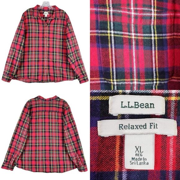 LL Bean Button Down Shirt LS Womens Size XL Plaid Check Red Cotton - Picture 1 of 9
